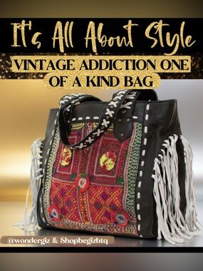 Vintage Addiction Black Leather & Vintage Fabric Tote Bag EUC Price Firm